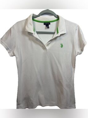 U.S. Polo Assn White Polo Shirt Green Logo Preppy Classic Cotton L Fits M